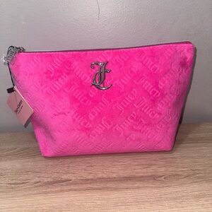 Juicy Couture Pink Velour Monogram Wedge Zip Travel Cosmetic Bag w/ Bottle